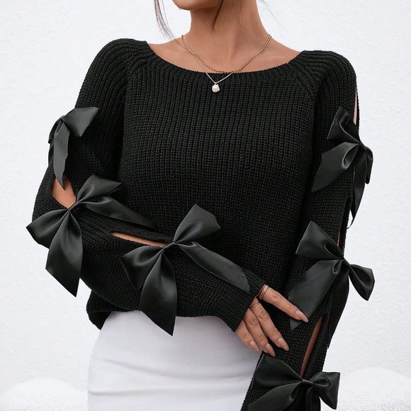 . Sweaters - Black Preppy Womens Bow Detail Cut Out Raglan Sleeve Sweater